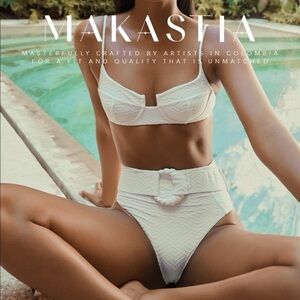 NWT Makastia White Women's Bikini Swimwear Set with High Waist and Belt